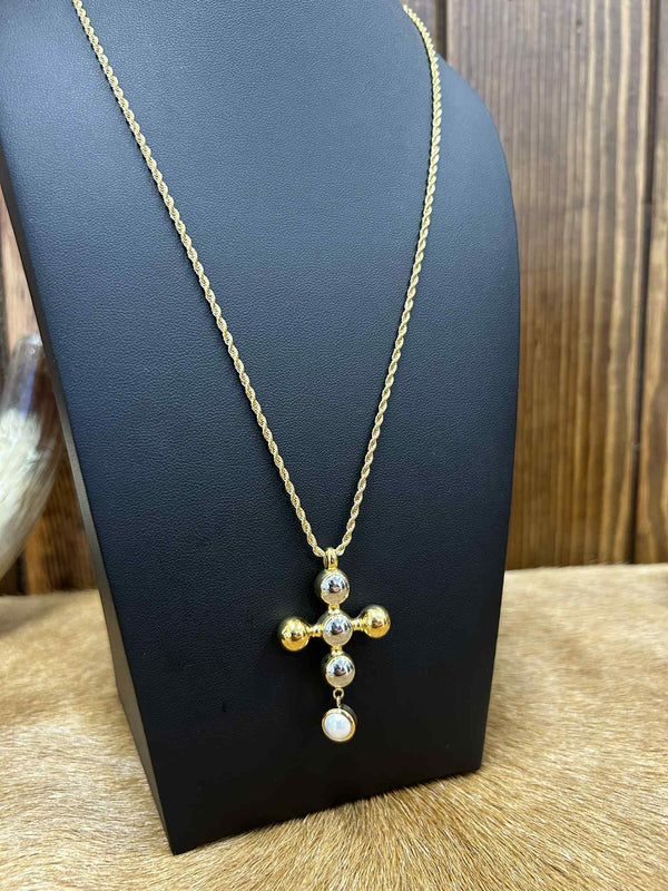 Gold Pearl Cross Necklace-Necklaces-LJ Fashion Jewelry-Lucky J Boots & More, Women's, Men's, & Kids Western Store Located in Carthage, MO