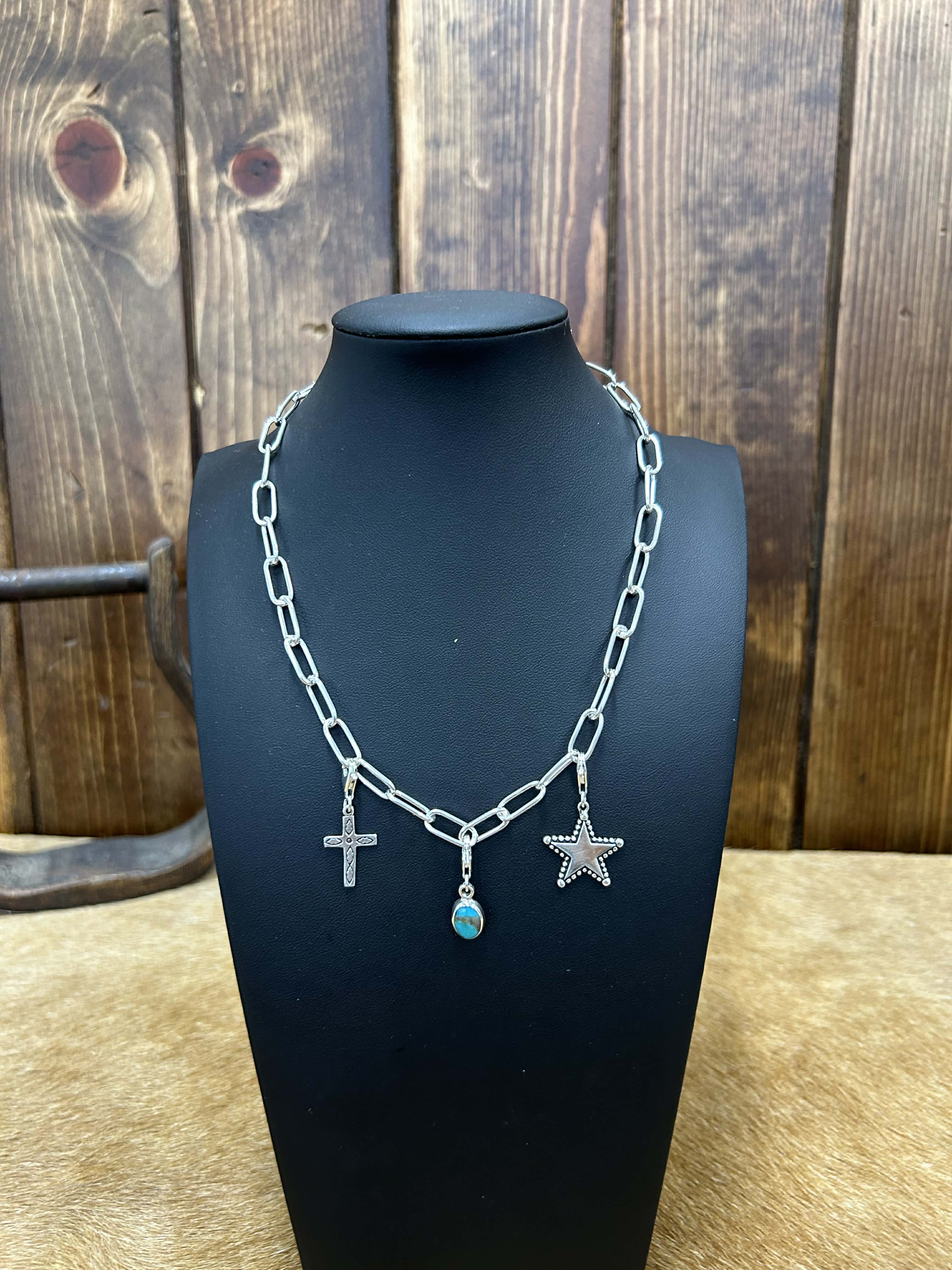 Sterling Silver Charm Necklaces-Necklaces-LJ Turquoise-Lucky J Boots & More, Women's, Men's, & Kids Western Store Located in Carthage, MO