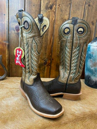 Hyer Boots, bull hide western boots, men's 16 inch boots, tall cowboy boots, cafe brown leather boots, rugged work boots, Ellingsworth Hyer, premium western footwear.
