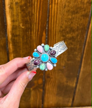 Sterling silver cuff, multi-stone bracelet, turquoise jewelry, Lolo cuff, handcrafted silver jewelry, Southwestern style, boho cuff bracelet, artisan silver, colorful stone cuff.