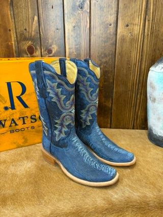 R. Watson Boots, Blue Jean Ostrich Boots, Sueded Ostrich Leg, Men's Exotic Cowboy Boots, Wide Square Toe Boots, Blue Western Boots, Luxury Ostrich Boots