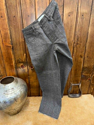 Women's barrel jeans, cheetah print denim, Hidden Sammie jeans, brown animal print pants, seamed denim, raw hem jeans, trendy women's denim, animal print barrel pants.