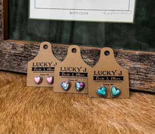 Khloe heart earrings, Hada Collections jewelry, Kingman turquoise studs, pink conch earrings, cotton candy stone jewelry, western heart earrings, bohemian stud earrings, Lucky J jewelry.