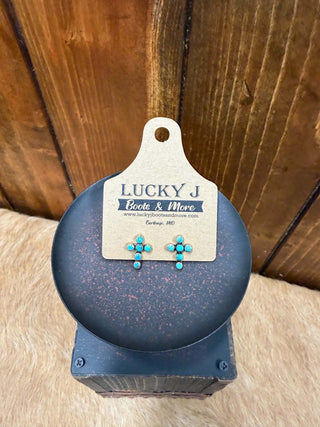 Lou earrings, turquoise cross earrings, brass stud earrings, mini bubble cross, Western jewelry, turquoise studs, faith jewelry, Lucky J Boots, boho cross earrings