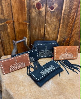 American Darling Melissa, suede western wallet, boot stitch clutch, rust suede bag, black fringe wallet, boho western accessories, handmade suede bag, American Darling bags.