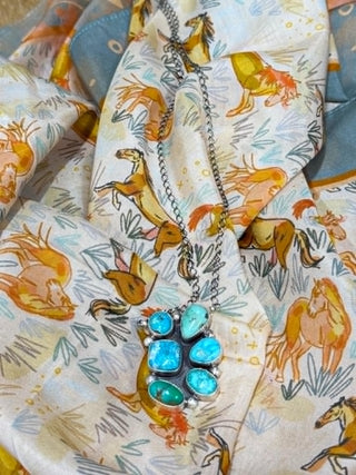 Bonnie Benally jewelry, turquoise poppy necklace, sterling silver turquoise necklace, handmade Southwest jewelry, Navajo style necklace, authentic turquoise pendant, artisan silver necklace.