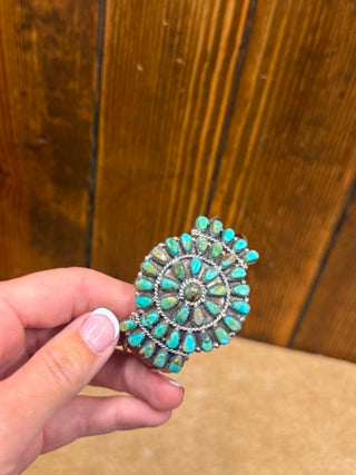 Sterling silver turquoise cuff, B Stamped jewelry, authentic turquoise bracelet, Western statement jewelry, handcrafted silver cuff, sunburst turquoise bracelet, artisanal sterling silver.