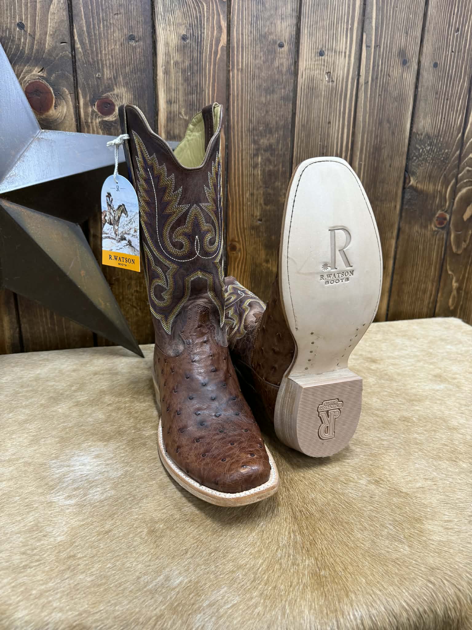 Men's R. Watson Brass Full Quill Ostrich Boot-Men's Boots-R. Watson-Lucky J Boots & More, Women's, Men's, & Kids Western Store Located in Carthage, MO