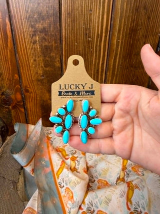 Navajo turquoise earrings, Kingman Turquoise jewelry, Wilson Dawes artist, sterling silver cluster earrings, handmade Native American jewelry, Southwestern statement earrings, Kollyns turquoise earrings.