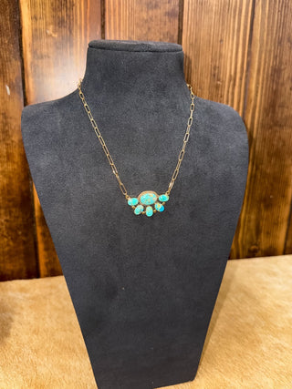 Turquoise cluster necklace, brass jewelry, paperlink chain, boho necklace, Natalie necklace, Southwestern style, handmade turquoise jewelry, dainty chunky necklace.