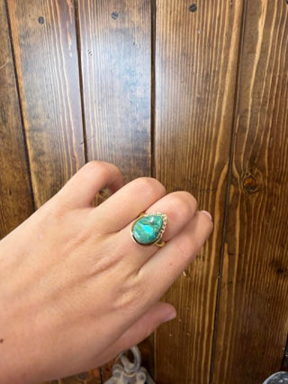 turquoise ring, adjustable ring, brass jewelry, teardrop turquoise, western style ring, boho accessories, turquoise statement ring, women's brass ring