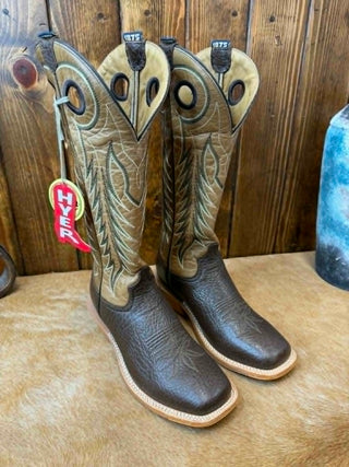 Hyer Boots, bull hide western boots, men's 16 inch boots, tall cowboy boots, cafe brown leather boots, rugged work boots, Ellingsworth Hyer, premium western footwear.