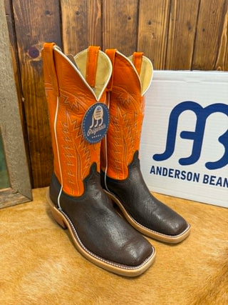 Anderson Bean boots, Smooth Quill Ostrich, men's western boots, Nicotine ostrich boots, Burnt Orange kidskin, square toe cowboy boots, Oxbow sole boots, handcrafted cowboy boots, premium ostrich leather.