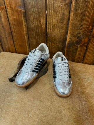 Shu Shop Stevie, Silver Metallic Sneakers, Women’s Retro Sneakers, Silver Low Top Shoes, Gum Sole Sneakers, Trendy Silver Footwear, Shu Shop Shoes