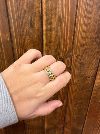 Aven ring, brass stacker ring, ball bead ring, textured brass jewelry, gold tone band, artisanal ring, minimalist stackable ring, brass jewelry for women, handcrafted band.