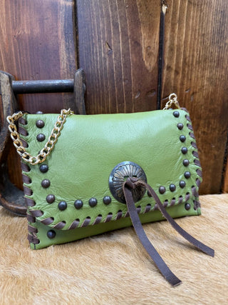 Kurtmen Wrenly Clutch, petite western clutch, green leather foldover bag, bronze concho purse, boho leather clutch, western evening bag, handcrafted leather clutch, gold chain crossbody.