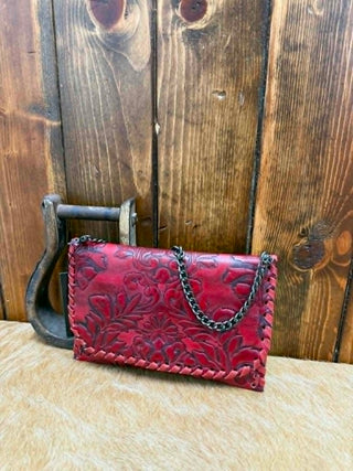 Kurtmen Madelyn Clutch, hand-tooled leather clutch, tomato red purse, western chic handbag, whipstitch leather bag, petite foldover clutch, artisanal leather accessories, red crossbody clutch
