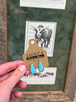 Kingman Turquoise earrings, sterling silver studs, teardrop turquoise jewelry, J. Frank stamped jewelry, Western silver earrings, handcrafted turquoise, Celine earrings.