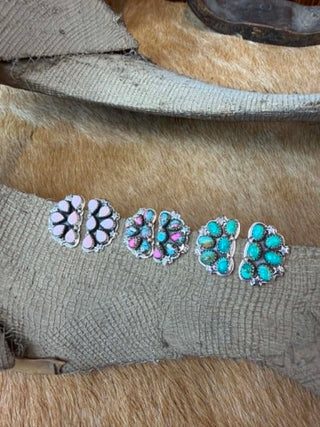 Sterling silver earrings, Hada Collection, Kingman turquoise jewelry, pink conch earrings, cotton candy turquoise, handmade silver jewelry, southwestern style earrings, artisan gemstone jewelry.