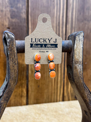Arya Earrings, Spiny Oyster Jewelry, D. Skeets Navajo, Sterling Silver Drop Earrings, Orange Shell Earrings, Southwestern Artisan Jewelry, Handmade Silver Earrings