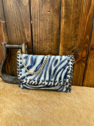 Kurtmen Kennedy Clutch, Navy Zebra Leather Bag, Western Style Clutch, Handcrafted Leather Purse, Studded Leather Clutch, Luxury Western Accessories, Women's Crossbody Bag, Designer Zebra Print Bag.