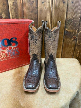 Rios of Mercedes, full quill ostrich boots, men's exotic boots, nicotine ostrich boots, handmade cowboy boots, luxury western footwear, square toe ostrich boots.