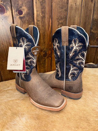 Ariat Cowboss Square Toe Boot in navy with a square toe and embroidered shaft, displayed on a wooden surface.