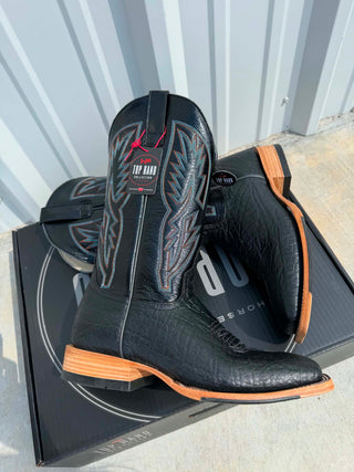 Horse Power boots, black elephant boots, exotic western boots, polished elephant hide, affordable exotic leather, men’s cowboy boots, western streetwear, Horse Power Midnight Flex.