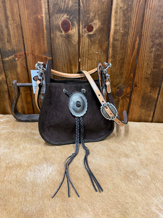 Stirrup crossbody purse, hand-tooled leather bag, Sheridan tooling, chocolate suede handbag, Western fashion accessories, boutique leather purse, silver concho bag.