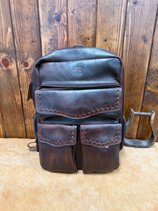 STS Ranchwear, chocolate leather backpack, western backpack, Bandera backpack, men's leather bag, rugged travel gear, leather rucksack, distressed leather bag.