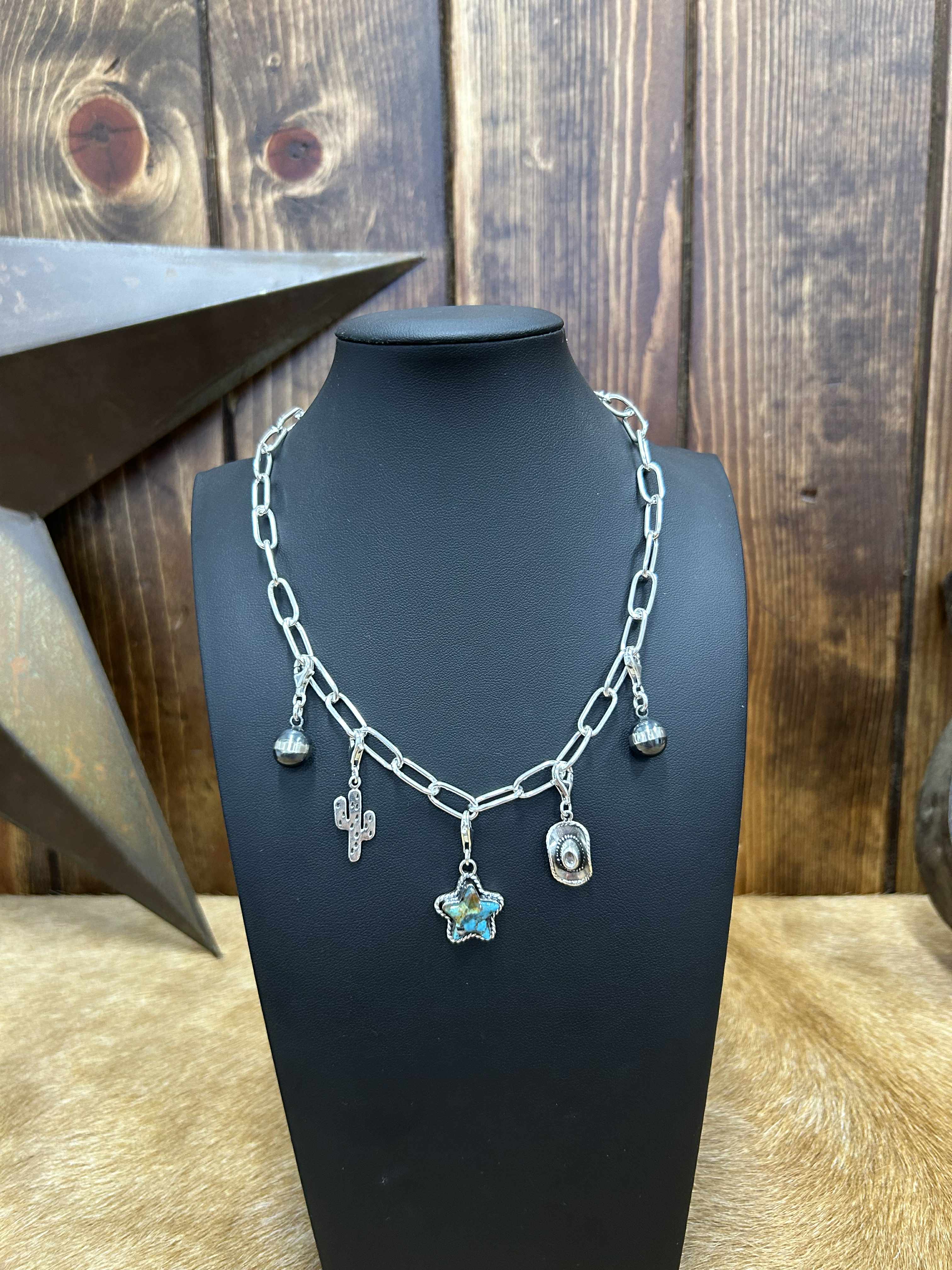 Sterling Silver Charm Necklaces-Necklaces-LJ Turquoise-Lucky J Boots & More, Women's, Men's, & Kids Western Store Located in Carthage, MO