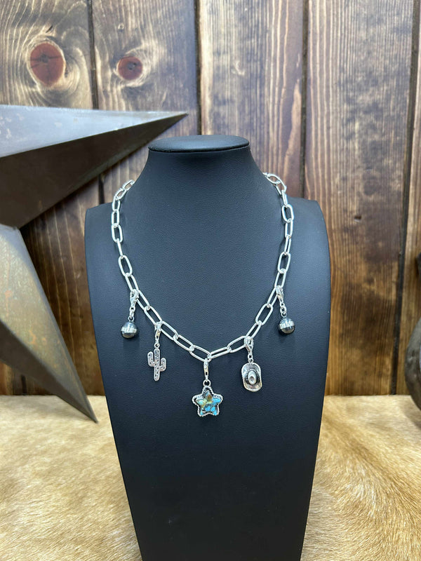 Sterling Silver Charm Necklaces-Necklaces-LJ Turquoise-Lucky J Boots & More, Women's, Men's, & Kids Western Store Located in Carthage, MO