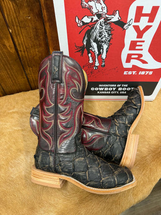 Hyer Cowley boots, big bass cowboy boots, matte dark brown arapaima boots, black cherry goat shaft, men's exotic western boots, broad square toe boots, Hyer boots for men, POD sole western boots.