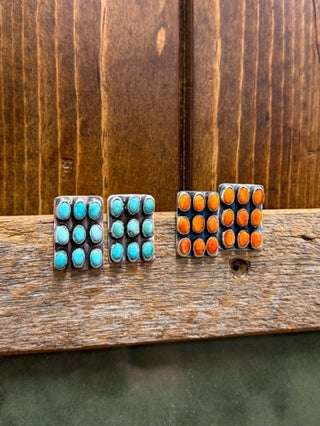 Kingman turquoise earrings, spiny oyster studs, sterling silver cluster earrings, southwestern jewelry, artisan silver earrings, turquoise stud earrings, orange spiny oyster jewelry