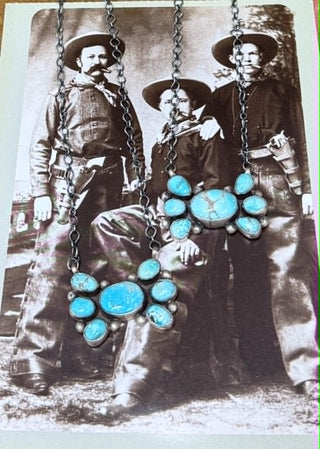 Kathleen Livingston jewelry, turquoise cluster necklace, sterling silver necklace, handcrafted turquoise, Southwestern jewelry, Fay necklace, artisan silver jewelry, genuine turquoise pendant.