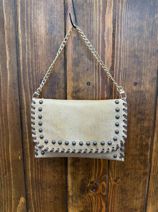 Kurtmen Paityn Clutch, leather fold-over bag, studded leather purse, western chic handbag, gold chain crossbody, vintage whipstitch clutch, designer petite bag, handcrafted leather clutch.