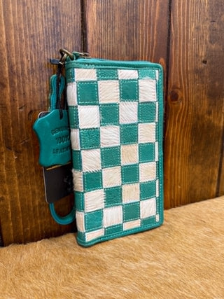American Darling, Amy Bag, turquoise cowhide bag, checkered western wallet, leather hair-on-hide wristlet, boho cowgirl clutch, handmade leather bag, turquoise checkered purse.