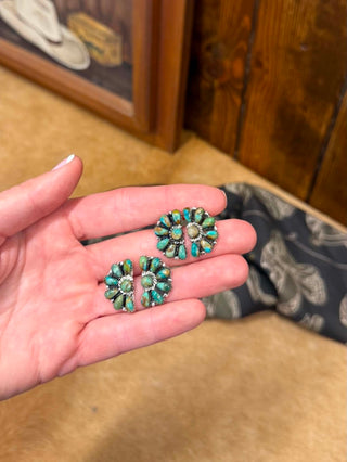 Women's LJ Turquoise half moon stud earrings. Wrenlee earrings, turquoise stud earrings, authentic turquoise jewelry, half moon earrings, boho silver studs, southwestern style earrings, turquoise cluster jewelry, hand-set turquoise.