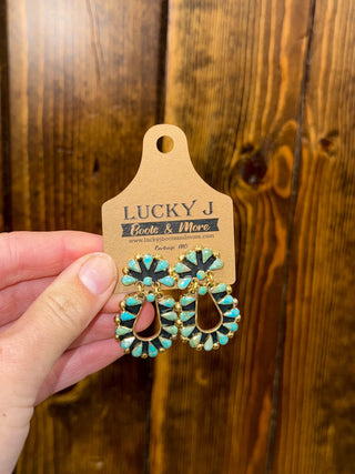 Turquoise earrings, teardrop cluster jewelry, western accessories, boho post earrings, brass turquoise jewelry, vintage style earrings, Lucky J Boots earrings, statement western jewelry.