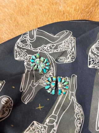 Women's LJ Turquoise half moon stud earrings. Wrenlee earrings, turquoise stud earrings, authentic turquoise jewelry, half moon earrings, boho silver studs, southwestern style earrings, turquoise cluster jewelry, hand-set turquoise.