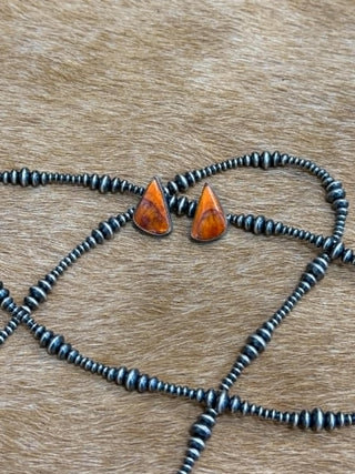 Edith Earrings, J. Frank Jewelry, Sterling Silver Western Earrings, Orange Spiny Oyster, Handcrafted Silver Studs, Artisan Native American Style, Lucky J Boots Jewelry, Southwestern Earrings.