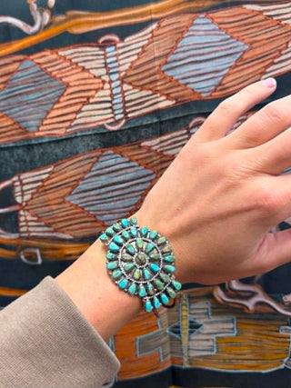 Sterling silver turquoise cuff, B Stamped jewelry, authentic turquoise bracelet, Western statement jewelry, handcrafted silver cuff, sunburst turquoise bracelet, artisanal sterling silver.