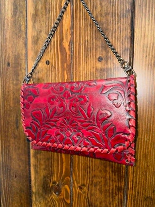 Kurtmen Madelyn Clutch, hand-tooled leather clutch, tomato red purse, western chic handbag, whipstitch leather bag, petite foldover clutch, artisanal leather accessories, red crossbody clutch