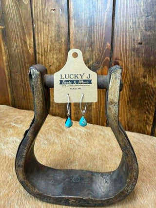 Turquoise teardrop earrings, brass hook earrings, Western jewelry, Leighton earrings, boho accessories, hand-stamped brass, petite turquoise dangles, Lucky J Boots jewelry.