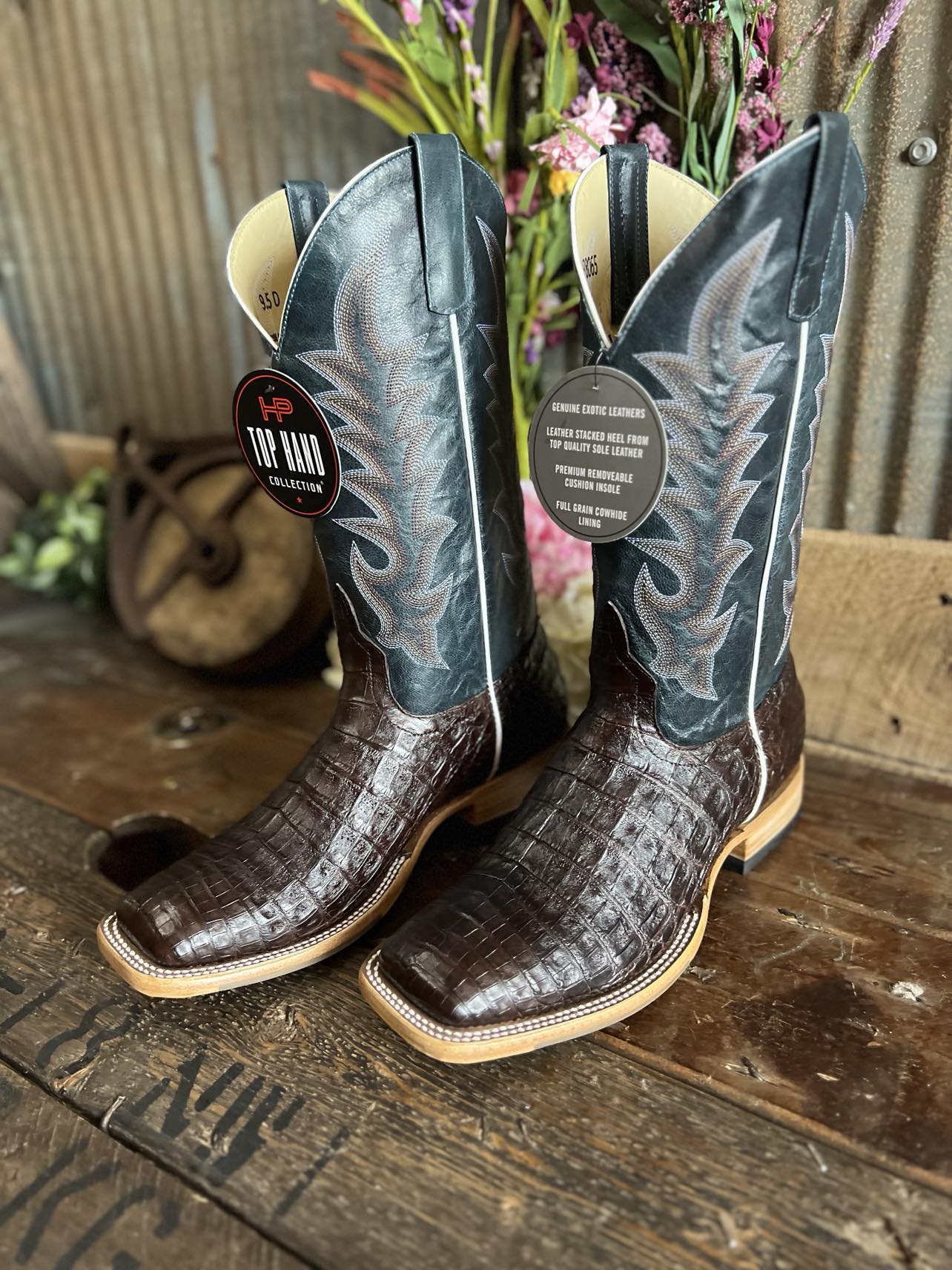Mens Horse Power Brown Caimen Bell and Navy Explosion Boots-Men's Boots-Horse Power-Lucky J Boots & More, Women's, Men's, & Kids Western Store Located in Carthage, MO