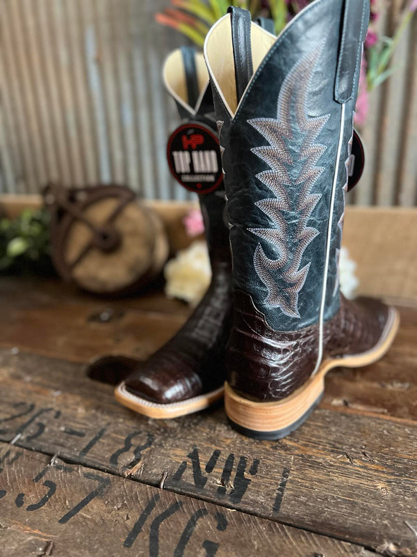 Mens Horse Power Brown Caimen Bell and Navy Explosion Boots-Men's Boots-Horse Power-Lucky J Boots & More, Women's, Men's, & Kids Western Store Located in Carthage, MO