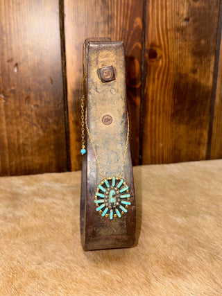 Turquoise necklace, brass jewelry, boho pendant, Southwestern style, oval cluster necklace, sunburst necklace, vintage-inspired jewelry, women's statement necklace.