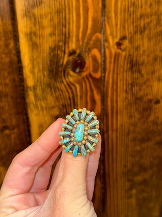 Lucia Ring, turquoise statement ring, adjustable brass ring, boho turquoise jewelry, oval cluster ring, southwestern style ring, vintage brass jewelry, turquoise cocktail ring.