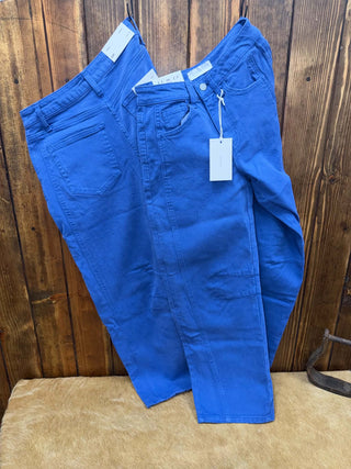 Vervet Ellie jeans, blue barrel jeans, high rise denim, cropped barrel jeans, Vervet denim, women’s stretch jeans, trendy barrel leg silhouette, front seam jeans.