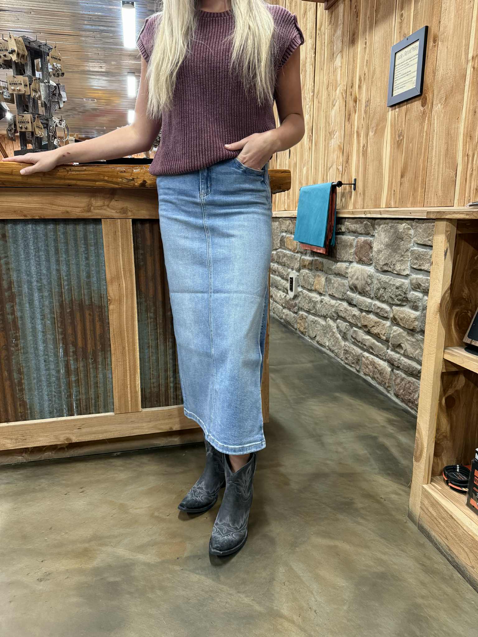 Hidden Holly Denim Midi Skirt